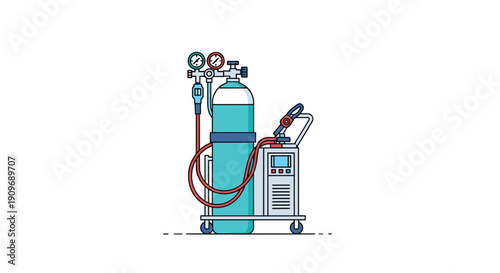 Illustration of a mobile welding machine setup with a gas cylinder, pressure gauges, hoses, and a welding torch on a trolley.