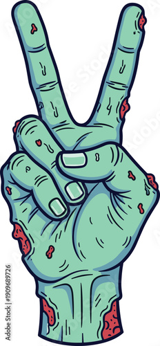 Zombie Hand Giving Peace Sign Vector Illustration with Undead Green Skin and Wounds for Halloween Horror and Spooky Graphic Design