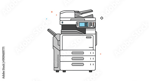 Line art illustration of a modern multifunction office copier machine, which can print, scan, and fax documents, with abstract accents.