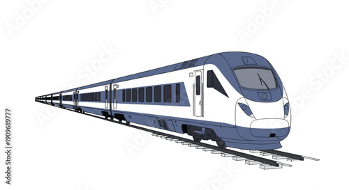A sleek, modern high-speed passenger train with a blue and white livery, illustrated in perspective on railroad tracks against a white background.