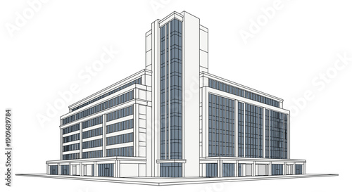 A detailed architectural line drawing of a large, modern multi-story office building or commercial center, shown from a corner perspective.
