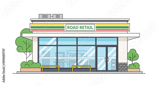 Line art illustration of a modern convenience store or road retail shop with large glass windows and benches out front for customers.