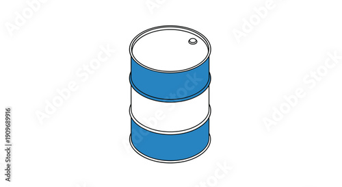 A simple isometric line drawing of a blue and white 55-gallon steel drum or barrel, used for storing liquids like oil or chemicals.