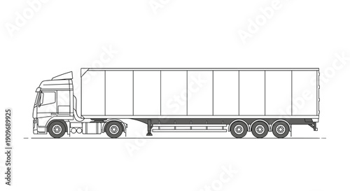 A detailed side-view line drawing of a large semi-truck with a long cargo trailer, representing logistics and freight transportation.