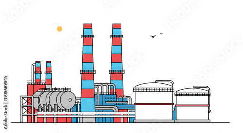 Line art illustration of a large industrial factory or power plant with tall smokestacks, pipelines, and large storage tanks.