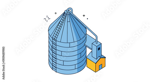 Isometric line art illustration of a large agricultural grain silo used for storing bulk materials, with a connected elevator building.