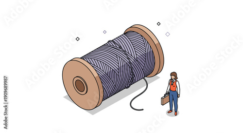 Isometric illustration of a small businesswoman with a briefcase standing next to a giant spool of purple thread, symbolizing the textile industry.