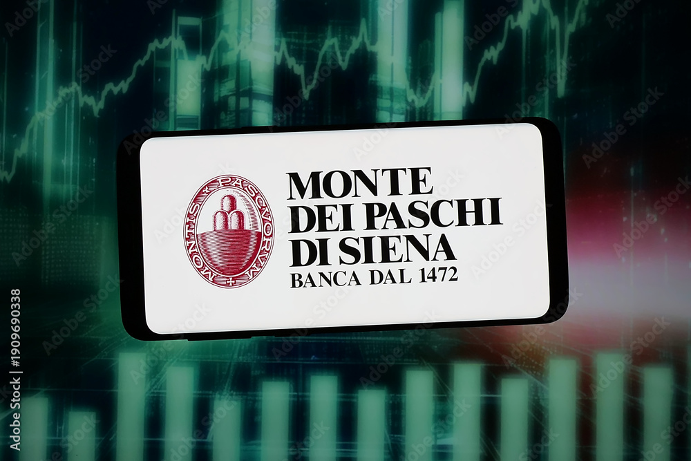 Fototapeta premium Stuttgart, Germany - 02-09-2026: In this photo illustration, the logo of Banca Monte dei Paschi di Siena S.p.A. (MPS) is displayed on a smartphone in front of abstract background on computer screen.