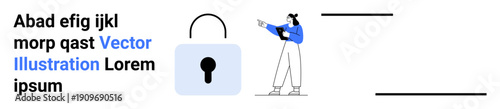 Woman in a blue sweater points towards a large padlock icon, representing security. Ideal for cybersecurity, data privacy, online safety, trust-building, authentication, user guidance, simple landing
