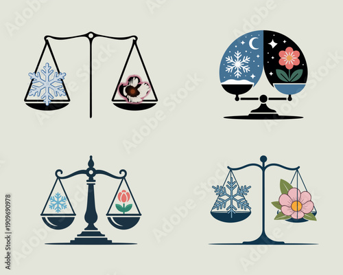 Four conceptual icons of scales balancing winter and spring elements