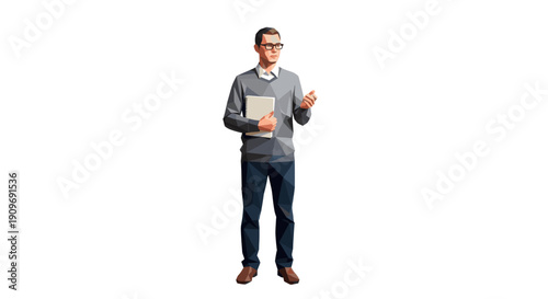 Isolated low poly illustration of a man with glasses holding a book, gesturing. Use for concepts like education, business, knowledge, presentation, technology, innovation.