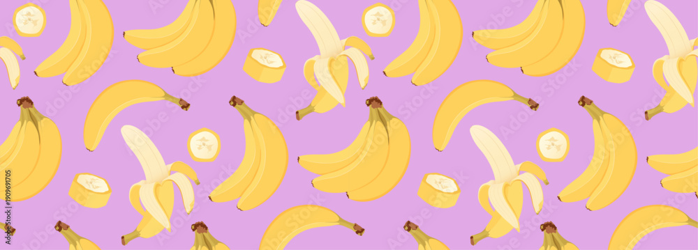 Fototapeta premium Banana seamless pattern. Bright pattern with banana on violet background.