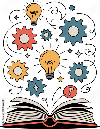 Open book with lightbulbs gears and exclamation mark 1