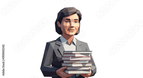 Geometric vector art of a professional woman carrying books. Ideal for education, libraries, publishing, or academic themes. Low-poly illustration style.