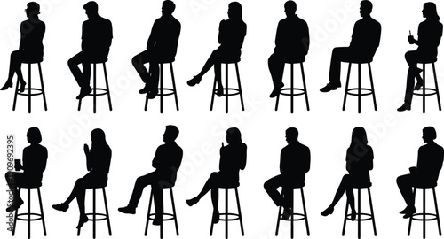 Silhouettes of people seated on stools in various poses, holding phones and cups, posture and lifestyle vector illustration for design