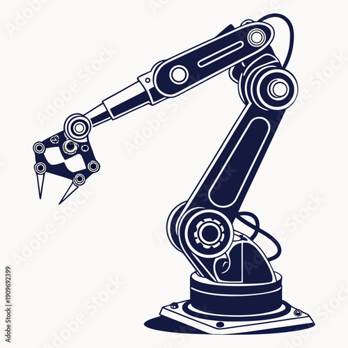 A detailed illustration of a robotic arm with a gripper attachment