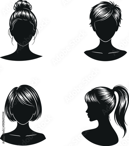 Set of woman hairstyle silhouettes with various hair lengths and styles including ponytail bun bob and pixie cut isolated on white background for beauty design