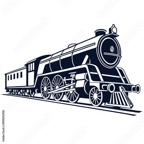 A vintage steam locomotive train with a passenger car traveling through a scenic landscape