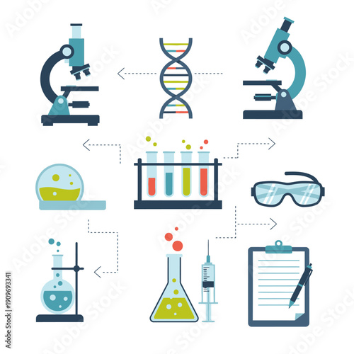 Science Laboratory Icons: DNA, Microscopes, Test Tubes, Flasks, Syringe