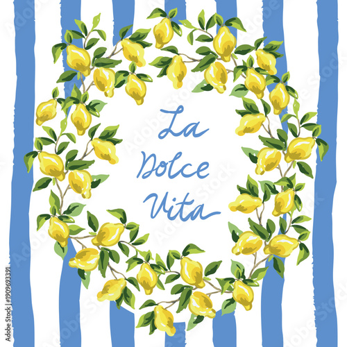 Obraz na plátně Lemon branches with yellow fruits wreath, blue and white striped background
