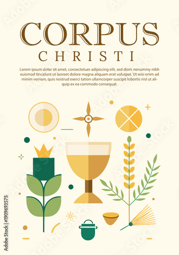 A beautifully illustrated poster celebrating corpus christi, featuring symbolic elements of the eucharist and religious tradition in a serene color palette
