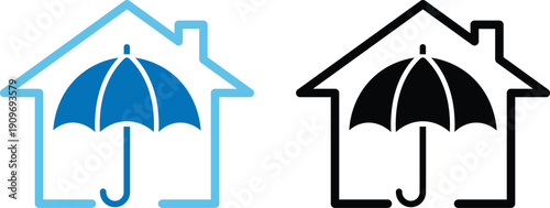 Blue and black house outline with umbrella symbol inside home protection