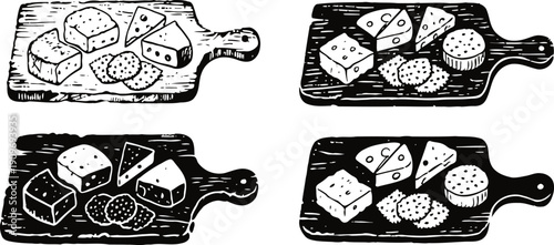 assorted cheese and sausage slices on wooden cutting boards vintage ink illustration set