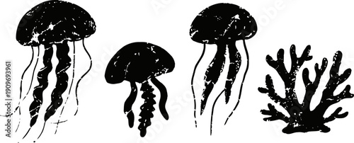 Illustration of jellyfish and sea coral silhouette set in black and white