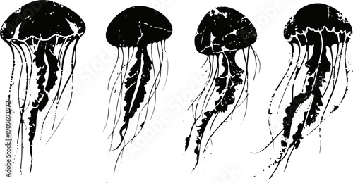 black silhouette jellyfish set with long tentacles underwater marine animals collection