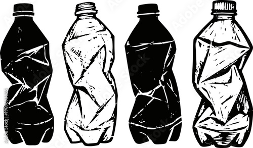 Crushed plastic bottles set four empty, deformed pet containers with caps recycling and waste management concept