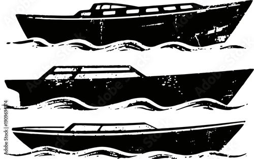 boat silhouettes on water waves minimalist black and white marine vessel shapes, simple nautical leisure theme design