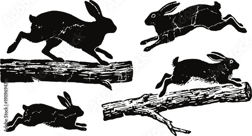 black silhouette rabbits in multiple running and jumping poses over tree branches artistic illustration