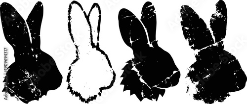 black and white rabbit silhouettes stylized hand drawn bunny heads with textured grunge effect