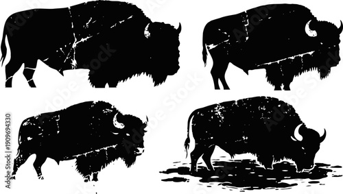Four black bison silhouettes with vintage textured effect, wild animal designs collection