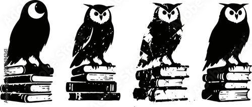 Black silhouette owls perched on stacked books set, education and wisdom concept illustration