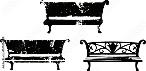 black vintage wrought iron garden benches silhouette set with ornate scrollwork and decorative details