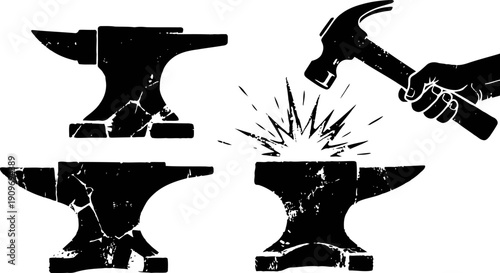Blacksmith hammer striking anvil with sparks, metalworking tool and hand silhouette