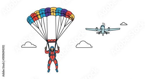 A colorful illustration depicts a skydiver and a small airplane in flight