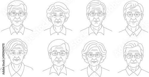 Collection of diverse senior citizen headshots featuring both men and women wearing eyeglasses presented in a simple black and white line art style