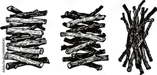 Three different hand drawn woodpile stacks in black and white vintage illustration