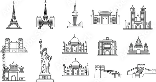 Collection of famous world architectural landmarks and global travel icons represented by clean black and white line art illustrations