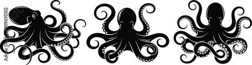 Octopus silhouette collection, detailed marine animal vector illustration set, black sea creature clipart isolated on white background for ocean design