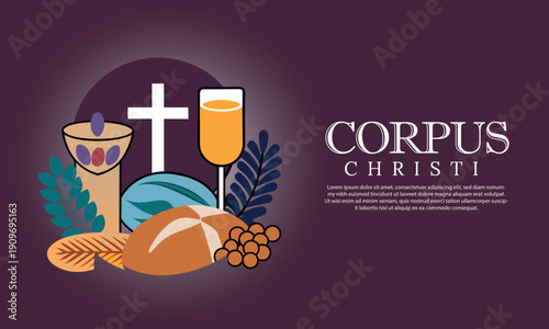 An illustrative depiction of corpus christi symbols including a cross, chalice, host, bread, and wine for religious celebration