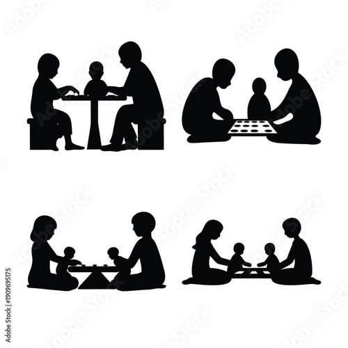 Silhouettes of children and adults engaged in playful board game activities
