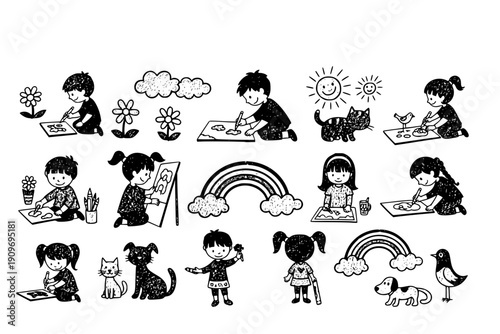 Kids drawing. Doodle simple child illustration. Hand drawn children pencil elements. Sketch chalk flower, sun, cloud, rainbow, animals. Naive crayon print. Vector set 