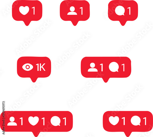 Collection of social media notification icons including likes comments and profile views flat design elements for web and app interfaces isolated 