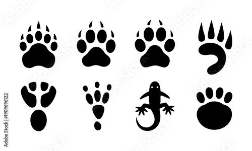 Black wildlife paw and hoof print logo style vector set illustration, easily editable.