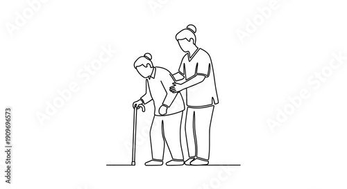 A healthcare worker assists an elderly woman with a cane silhouette