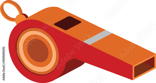 A 3D rendered illustration of a red plastic whistle with a metallic silver stripe detail.