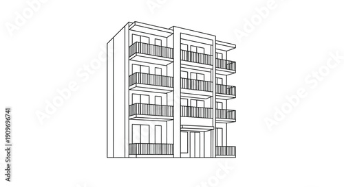 Linear drawing of a multi story building with balconies silhouette
